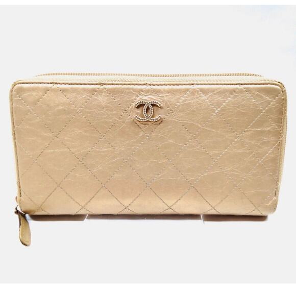 Authentic Gold Leather Chanel Textured CC Long Zip Around Wallet - Picture 1 of 10
